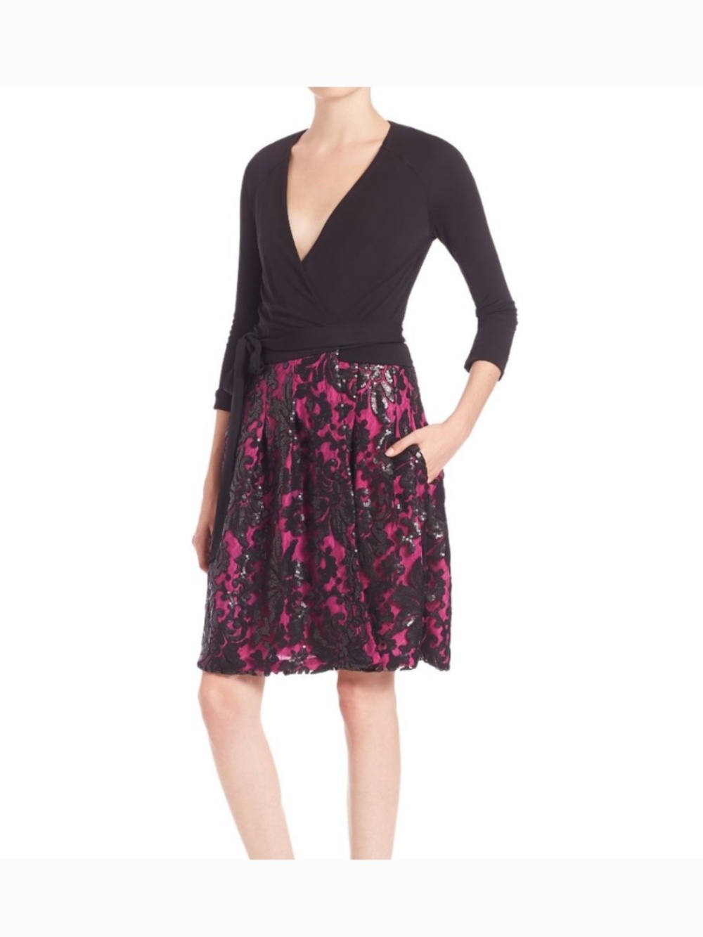 Diane von Furstenberg DVF Black Pink Sequin Wrap Dress Size 12